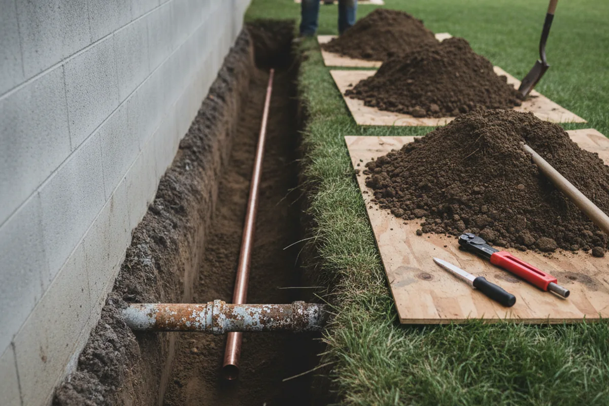 Excavated water line trench during Sewer Line Repair in Chesterfield